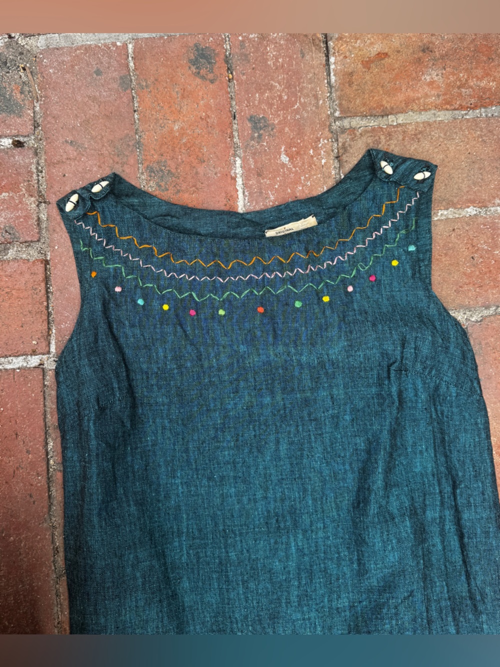 60s Vintage Blue Linen Mexican Tourist Dress w Embroidered Suns Sz SM - Picture 5 of 11